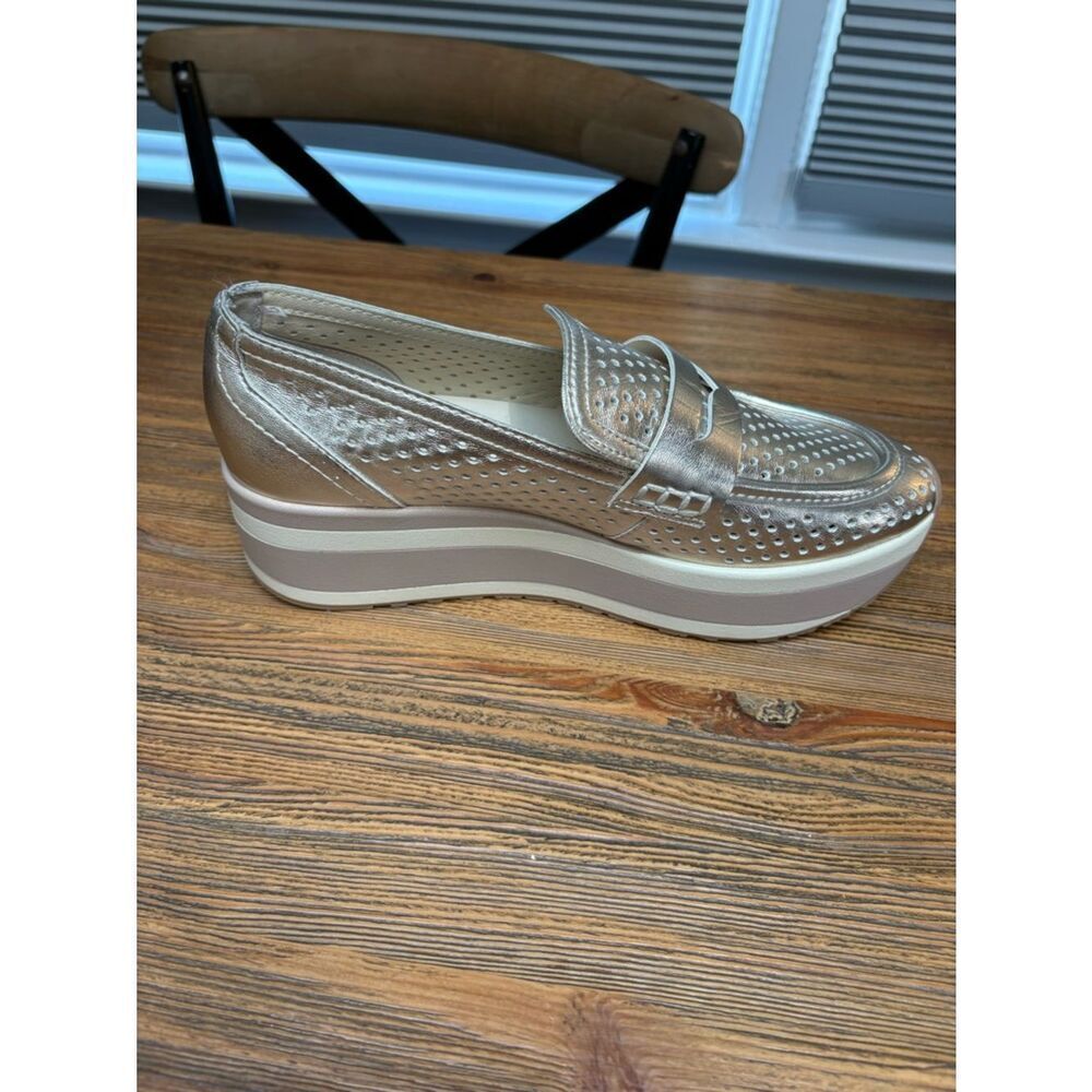 Dolce Vita Champagne Metallic Perforated Platform Loafers - Picture 6 of 13